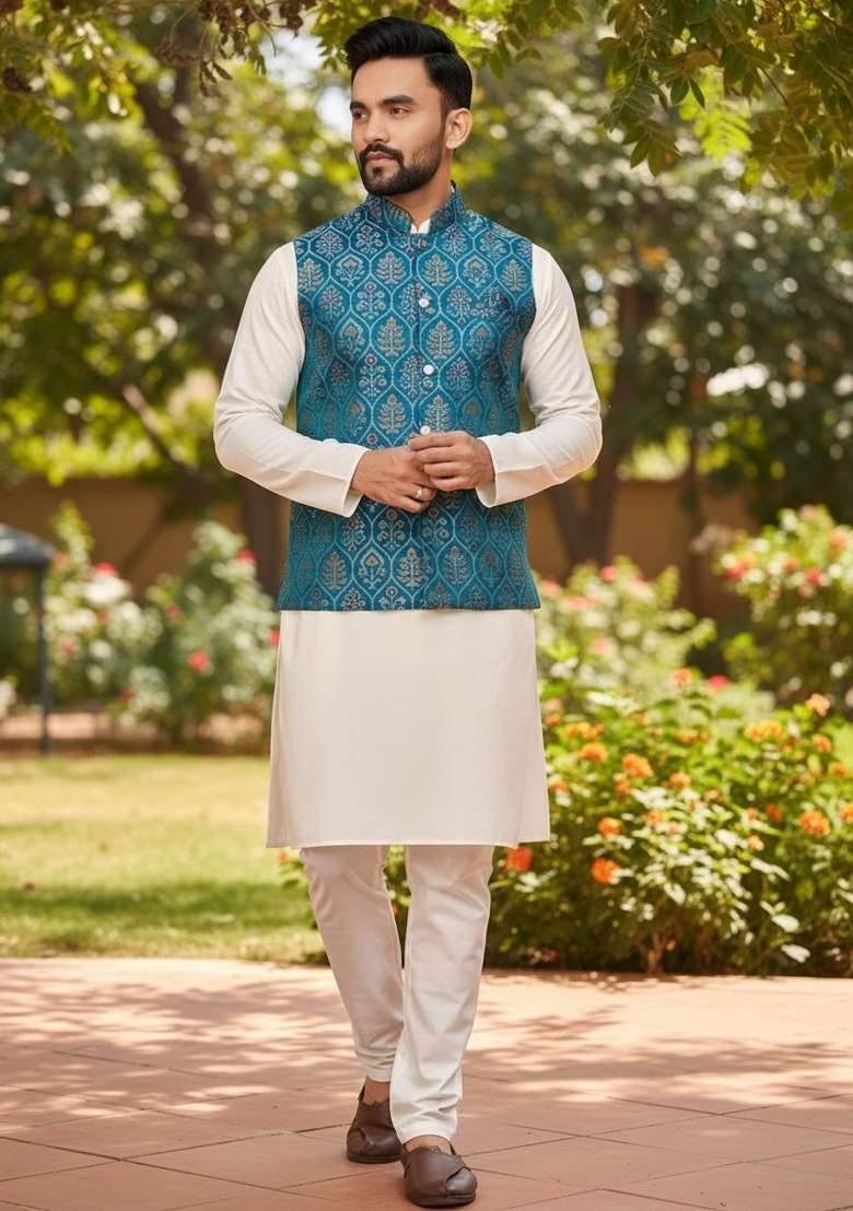 Rama Weaving Work Silk Nehru Jacket For Men - Indya
