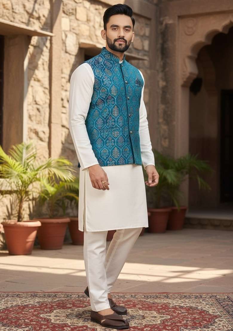 Rama Weaving Work Silk Nehru Jacket For Men - Indya