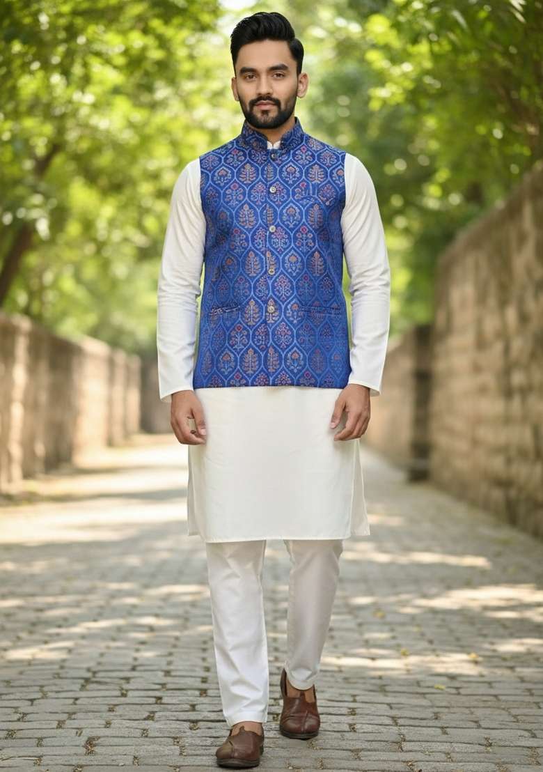 Royal Blue Weaving Work Silk Nehru Jacket For Men - Indya