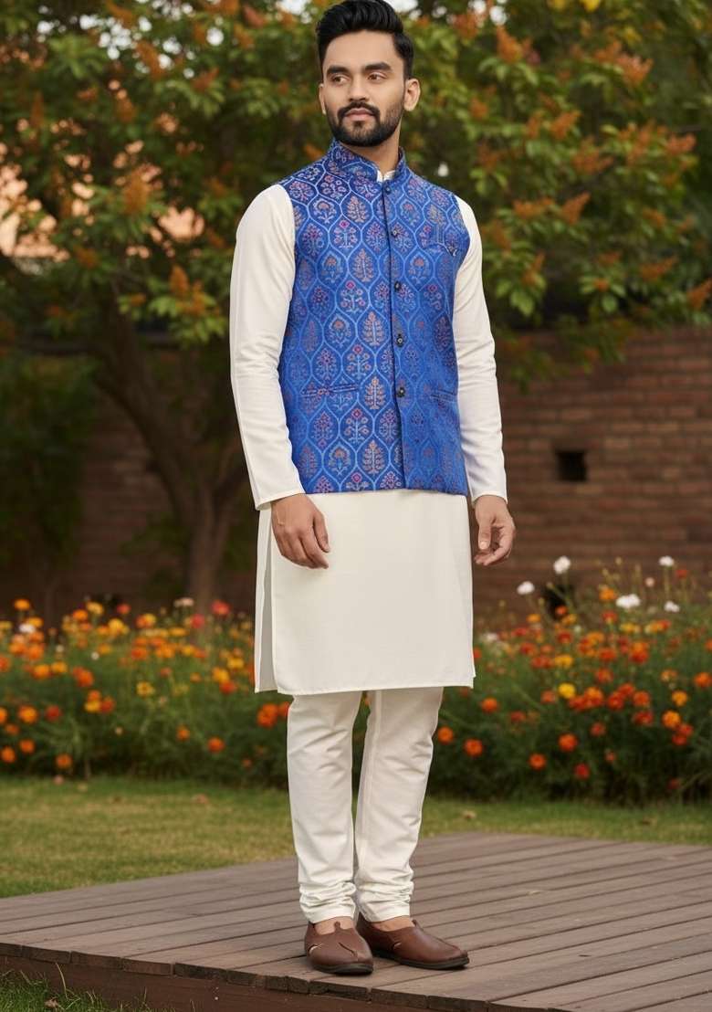 Royal Blue Weaving Work Silk Nehru Jacket For Men - Indya