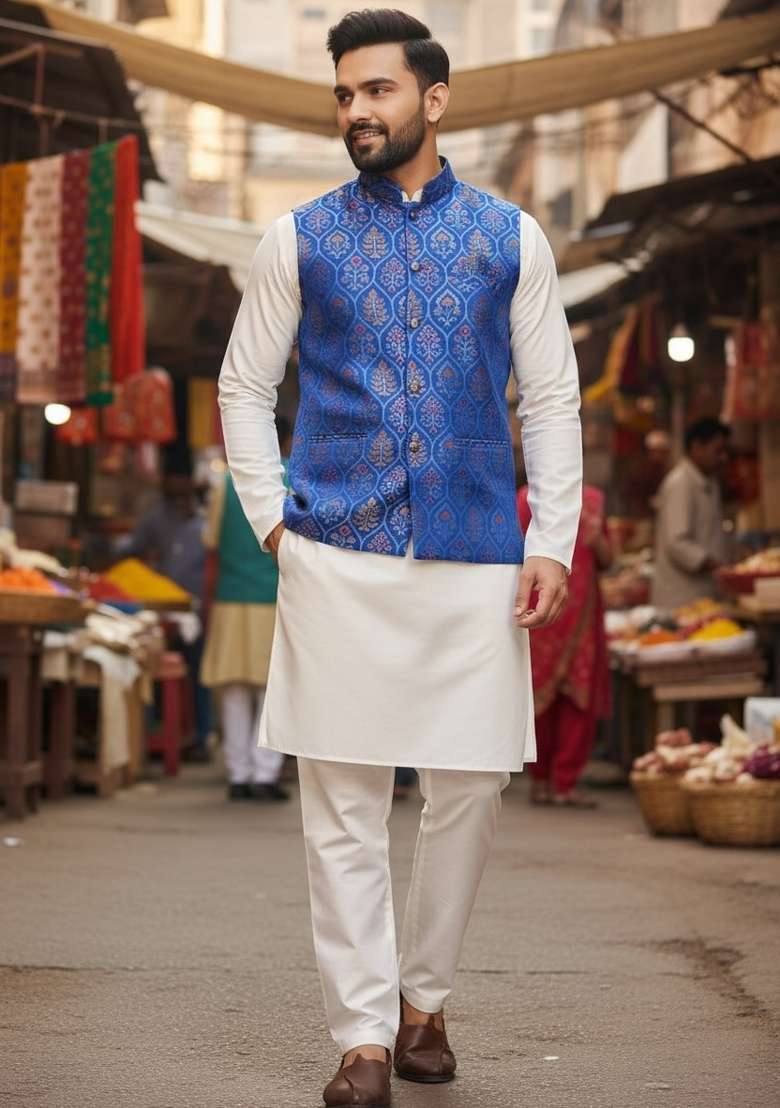 Royal Blue Weaving Work Silk Nehru Jacket For Men - Indya