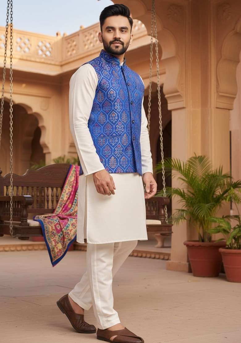 Royal Blue Weaving Work Silk Nehru Jacket For Men - Indya