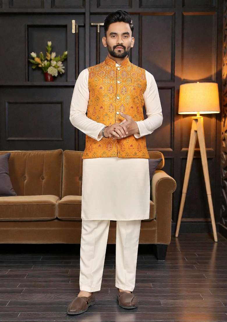 Yellow Weaving Work Silk Nehru Jacket For Men - Indya