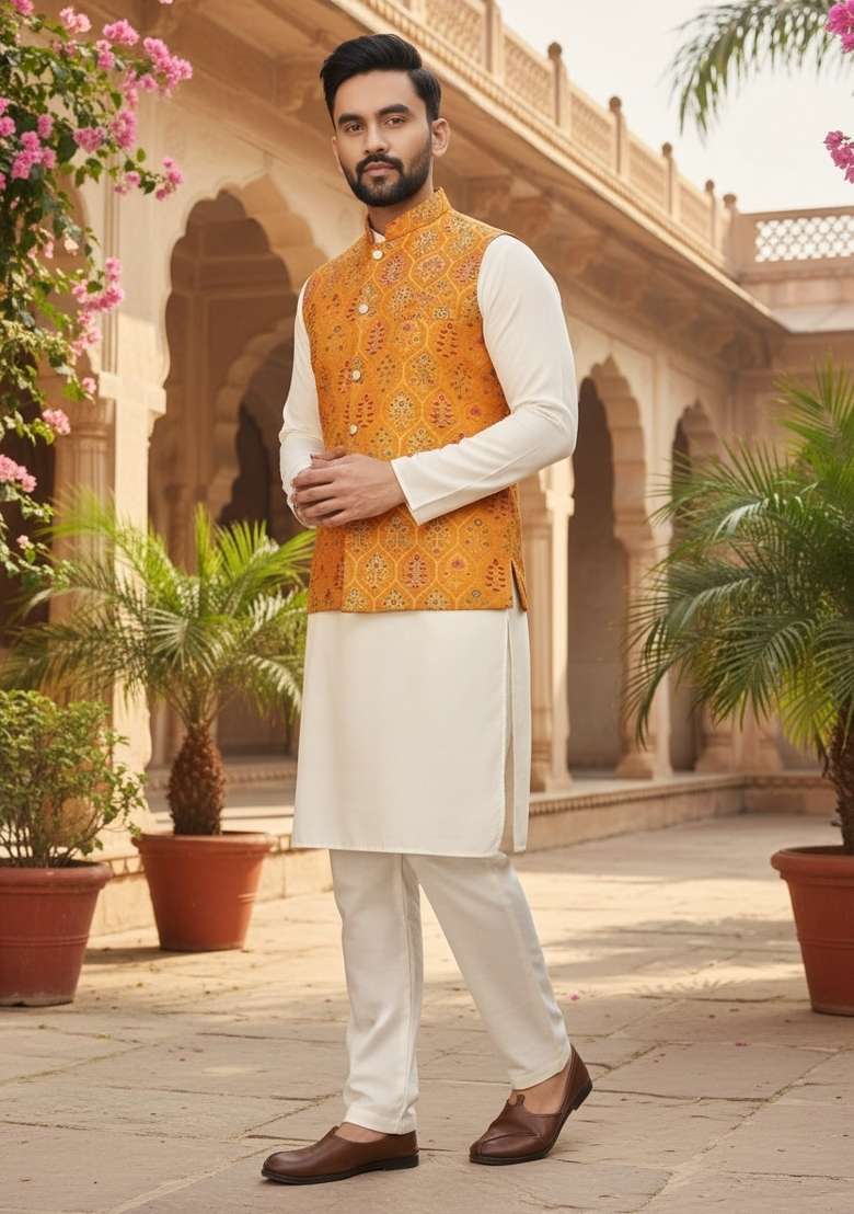 Yellow Weaving Work Silk Nehru Jacket For Men - Indya