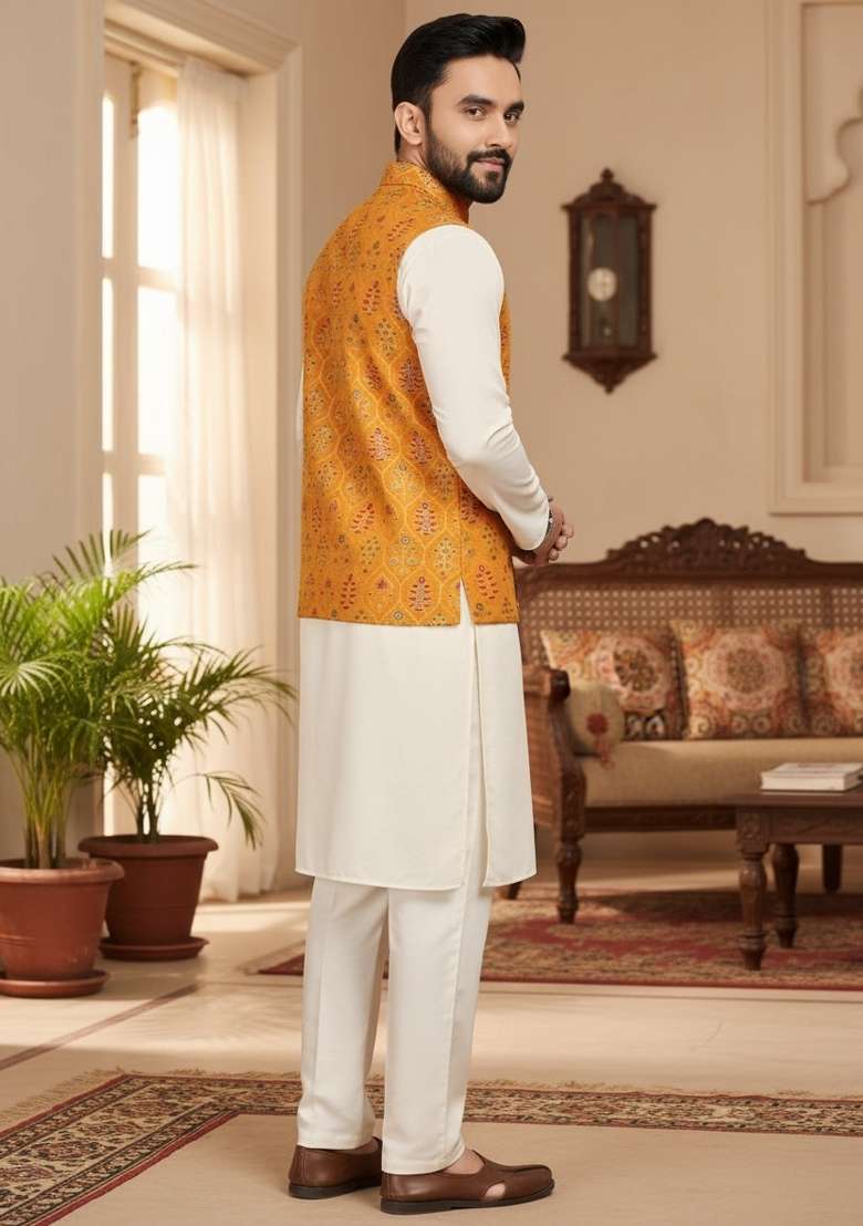 Yellow Weaving Work Silk Nehru Jacket For Men - Indya