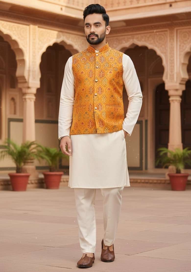Yellow Weaving Work Silk Nehru Jacket For Men - Indya