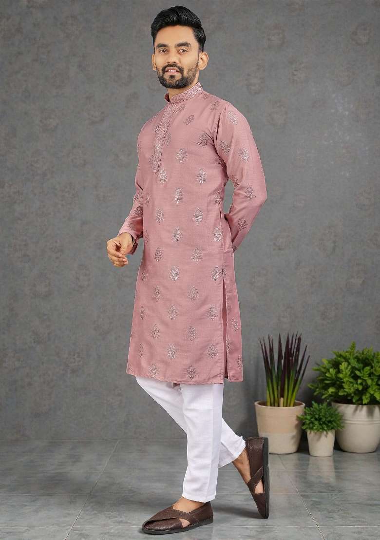 Pink Embroidered Silk Kurta Set For Men - Indya