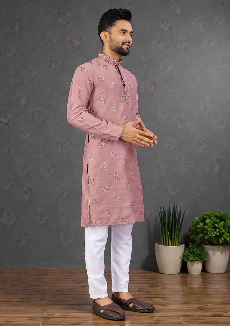 Pink Embroidered Silk Kurta Set For Men - Indya