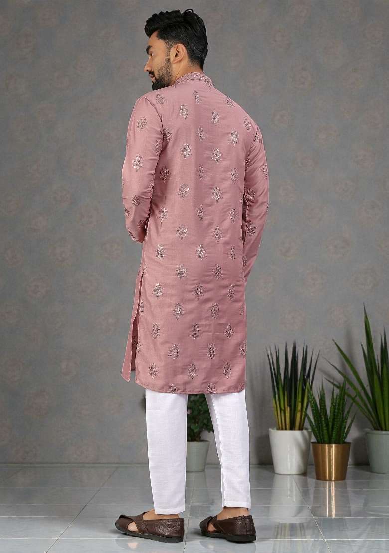 Pink Embroidered Silk Kurta Set For Men - Indya