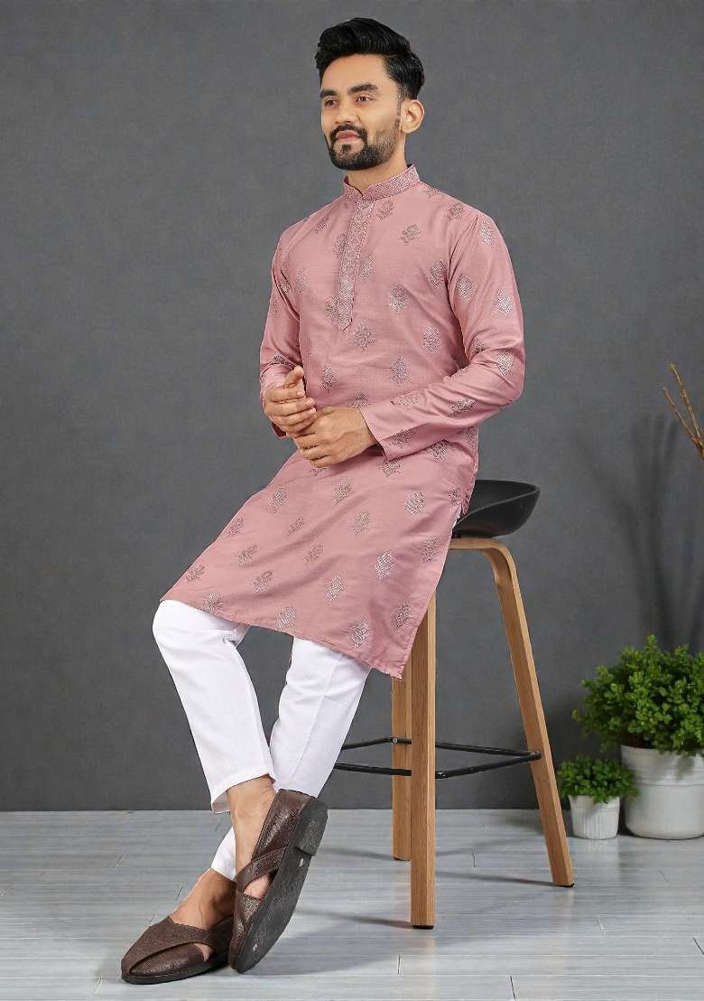Pink Embroidered Silk Kurta Set For Men - Indya