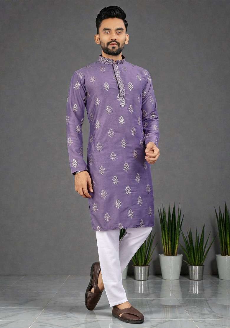 Purple Embroidered Silk Kurta Set For Men - Indya