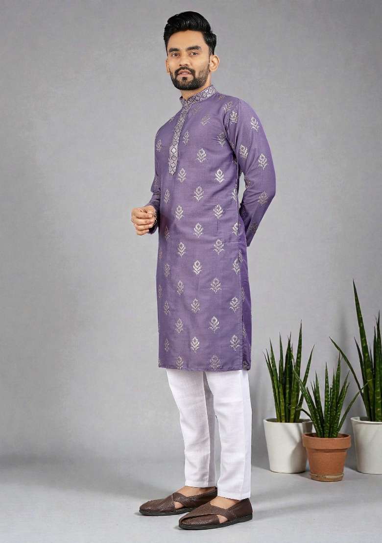 Purple Embroidered Silk Kurta Set For Men - Indya