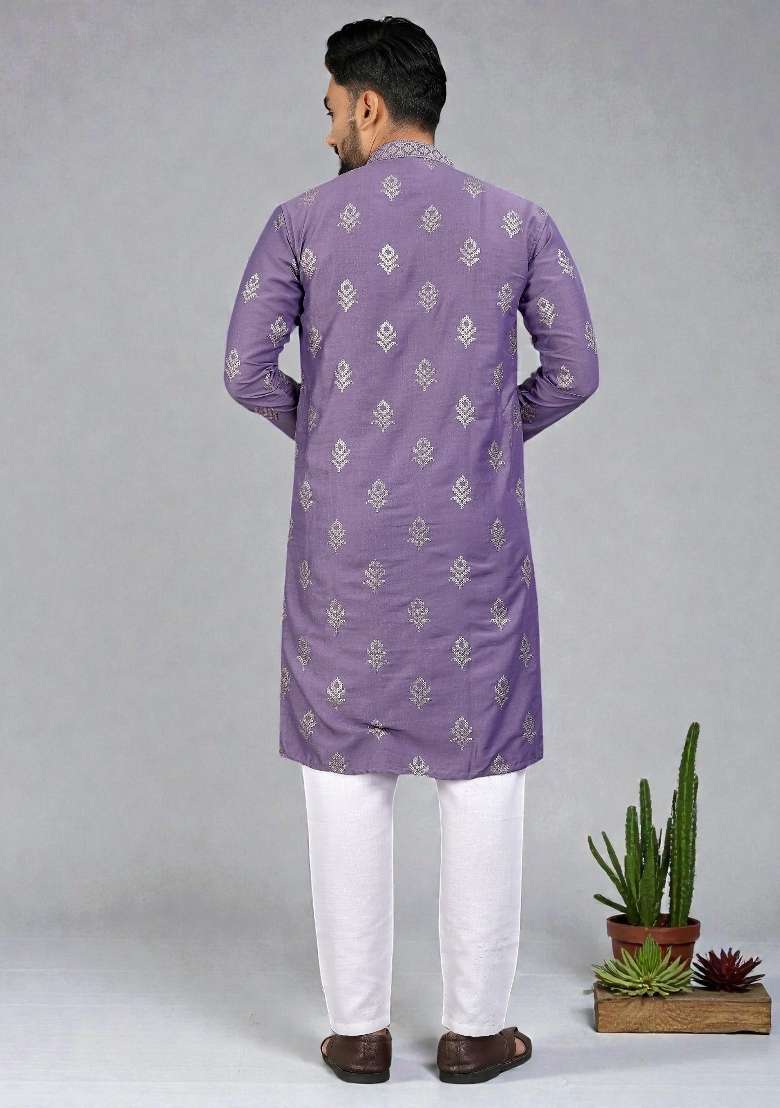 Purple Embroidered Silk Kurta Set For Men - Indya