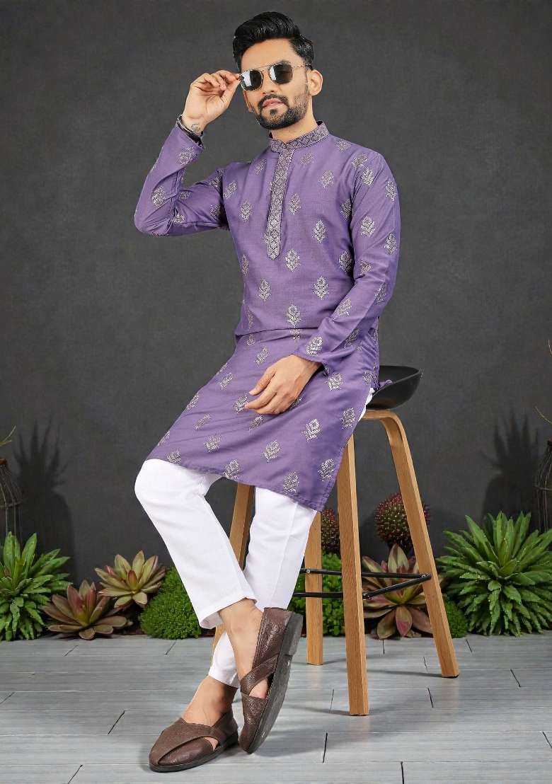 Purple Embroidered Silk Kurta Set For Men - Indya