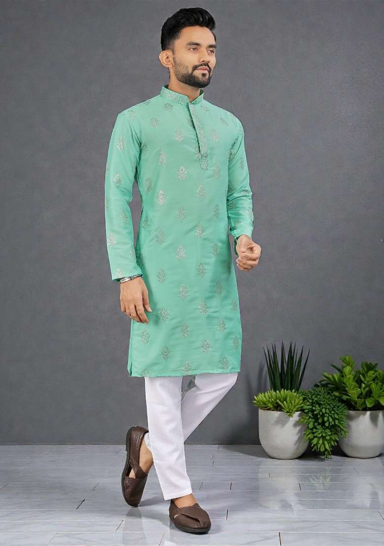 Sea Green Embroidered Silk Kurta Set For Men - Indya