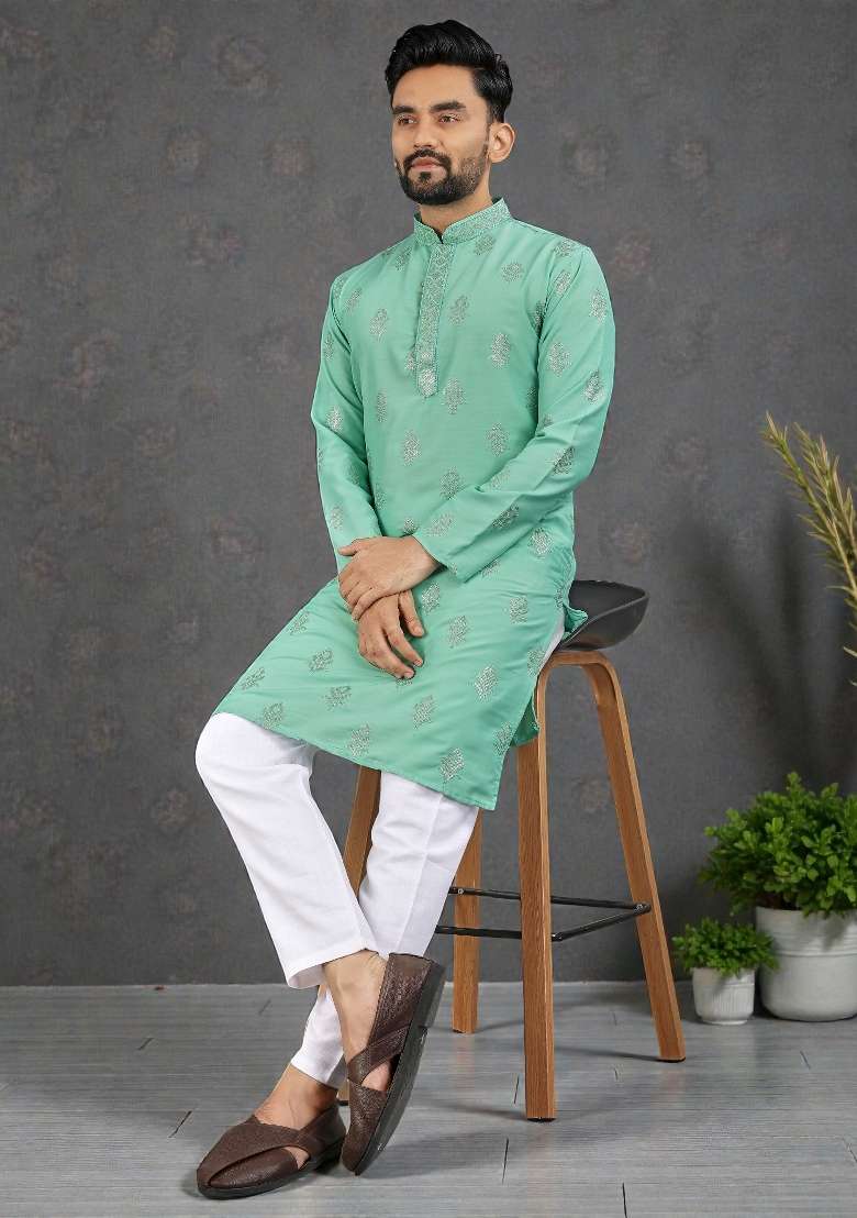 Sea Green Embroidered Silk Kurta Set For Men - Indya
