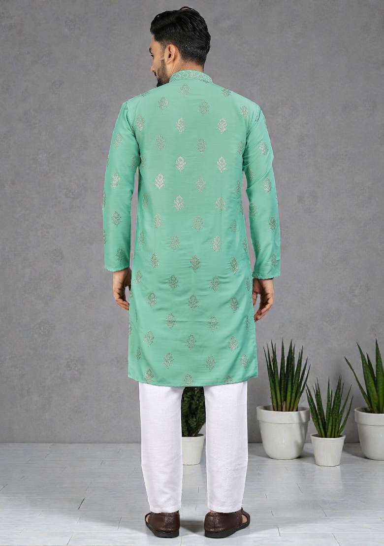 Sea Green Embroidered Silk Kurta Set For Men - Indya