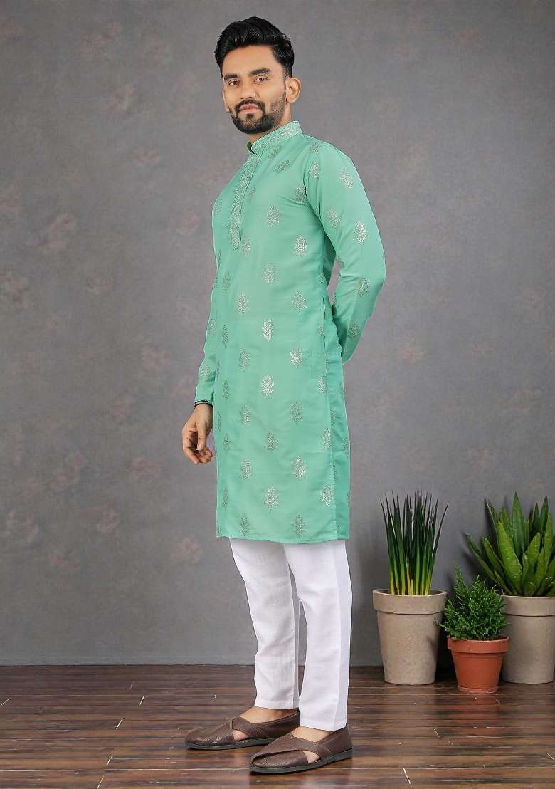 Sea Green Embroidered Silk Kurta Set For Men - Indya