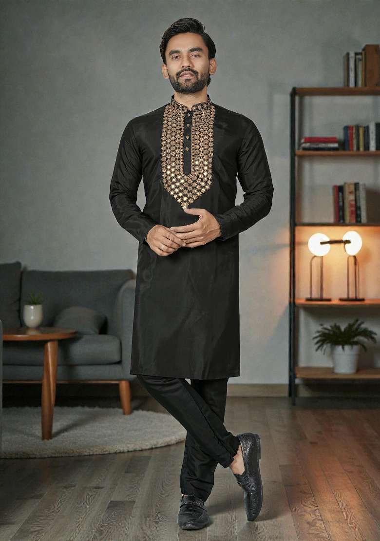 Black Embroidered Silk Kurta Set For Men - Indya