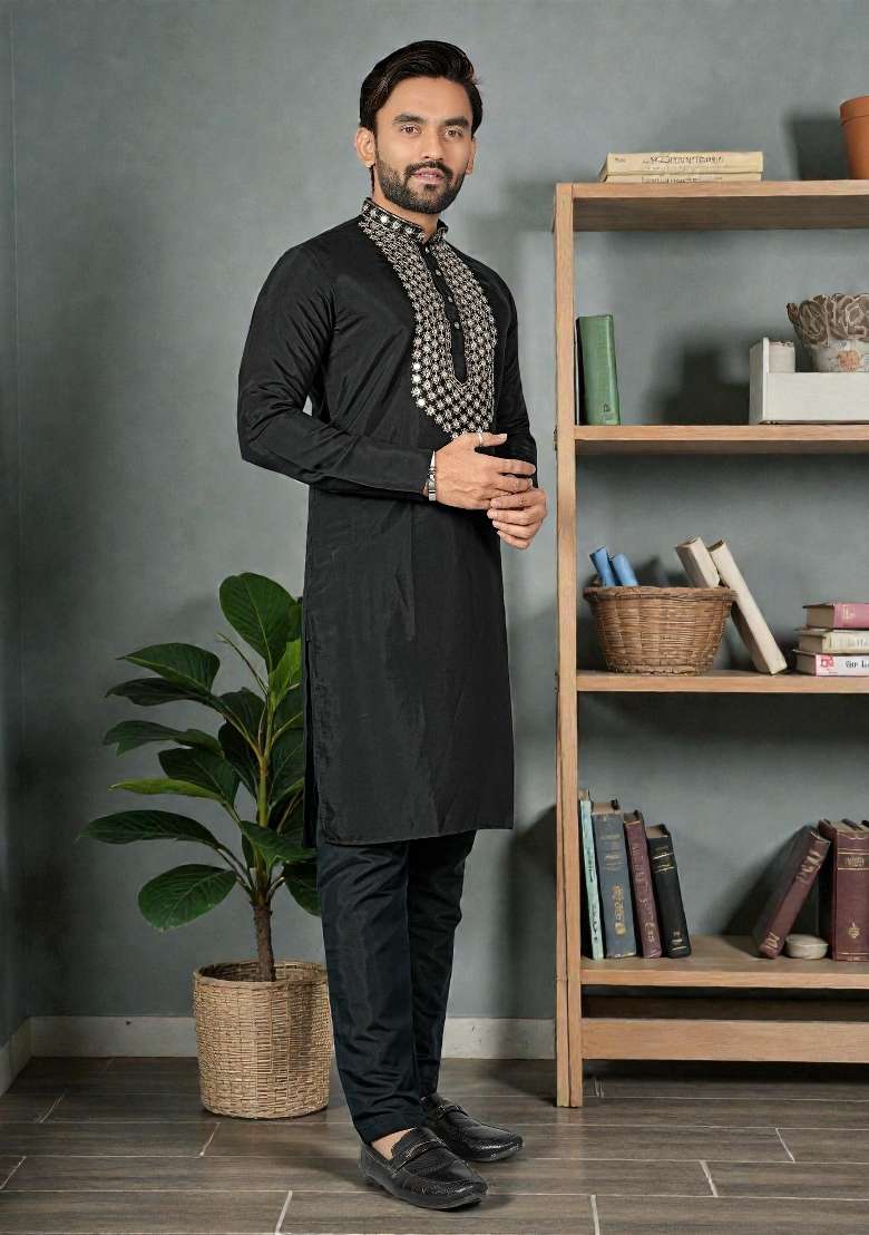 Black Embroidered Silk Kurta Set For Men - Indya