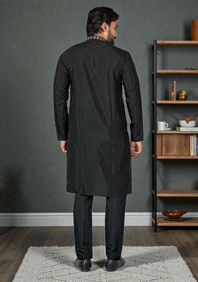 Black Embroidered Silk Kurta Set For Men - Indya