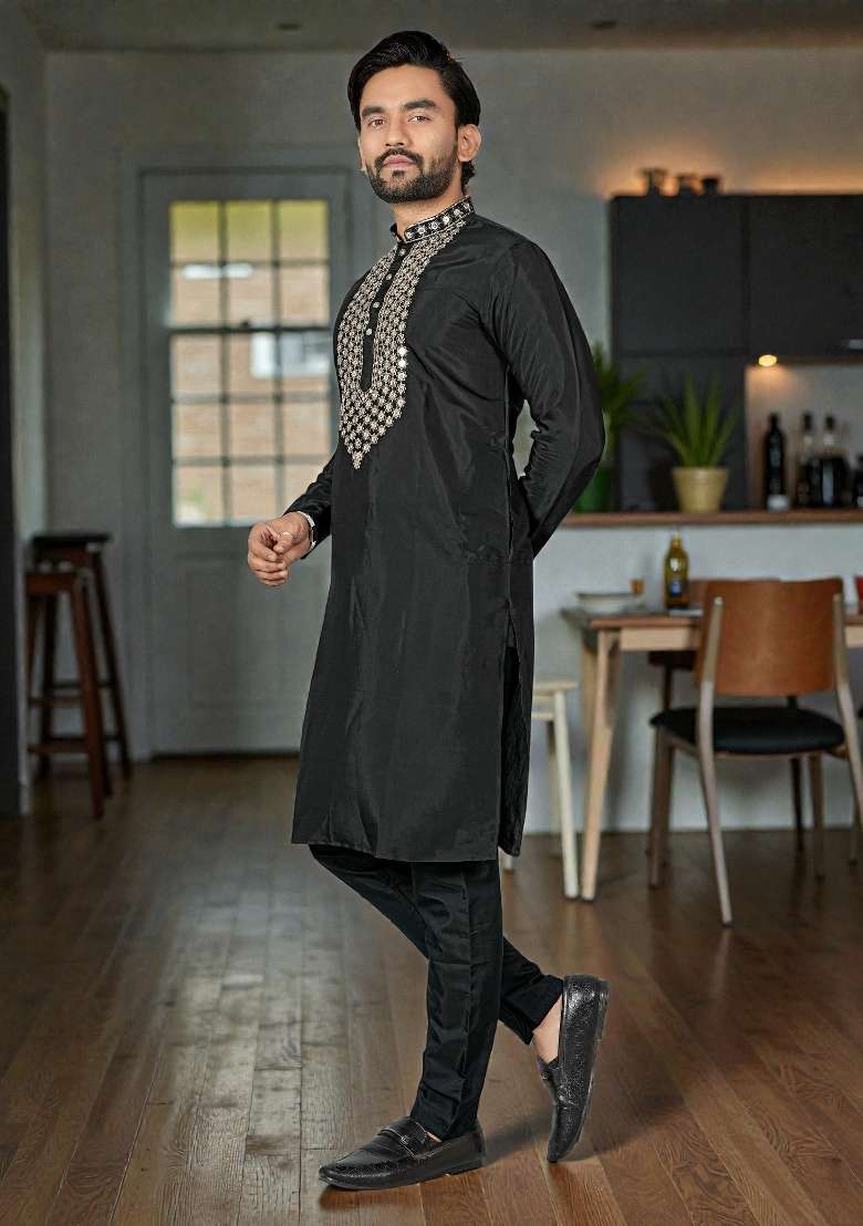 Black Embroidered Silk Kurta Set For Men - Indya