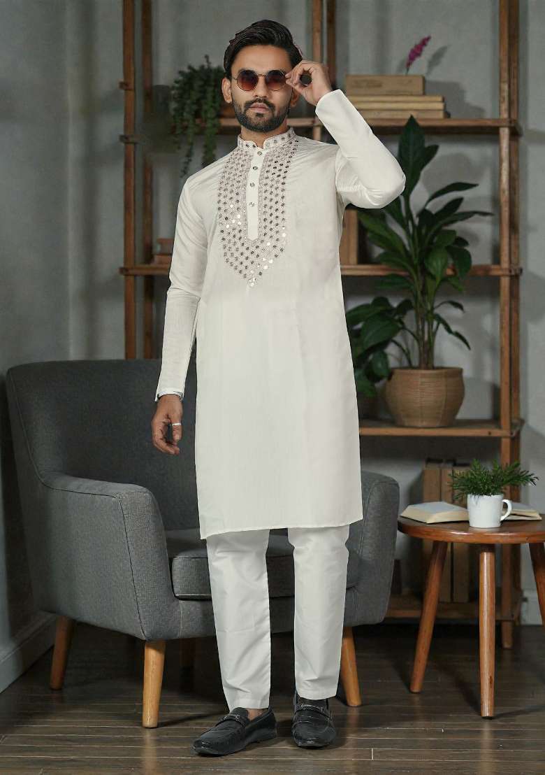 White Embroidered Silk Kurta Set For Men - Indya