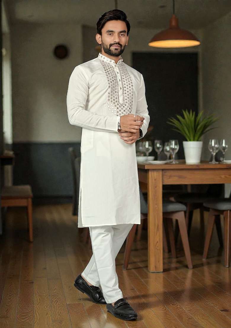 White Embroidered Silk Kurta Set For Men - Indya