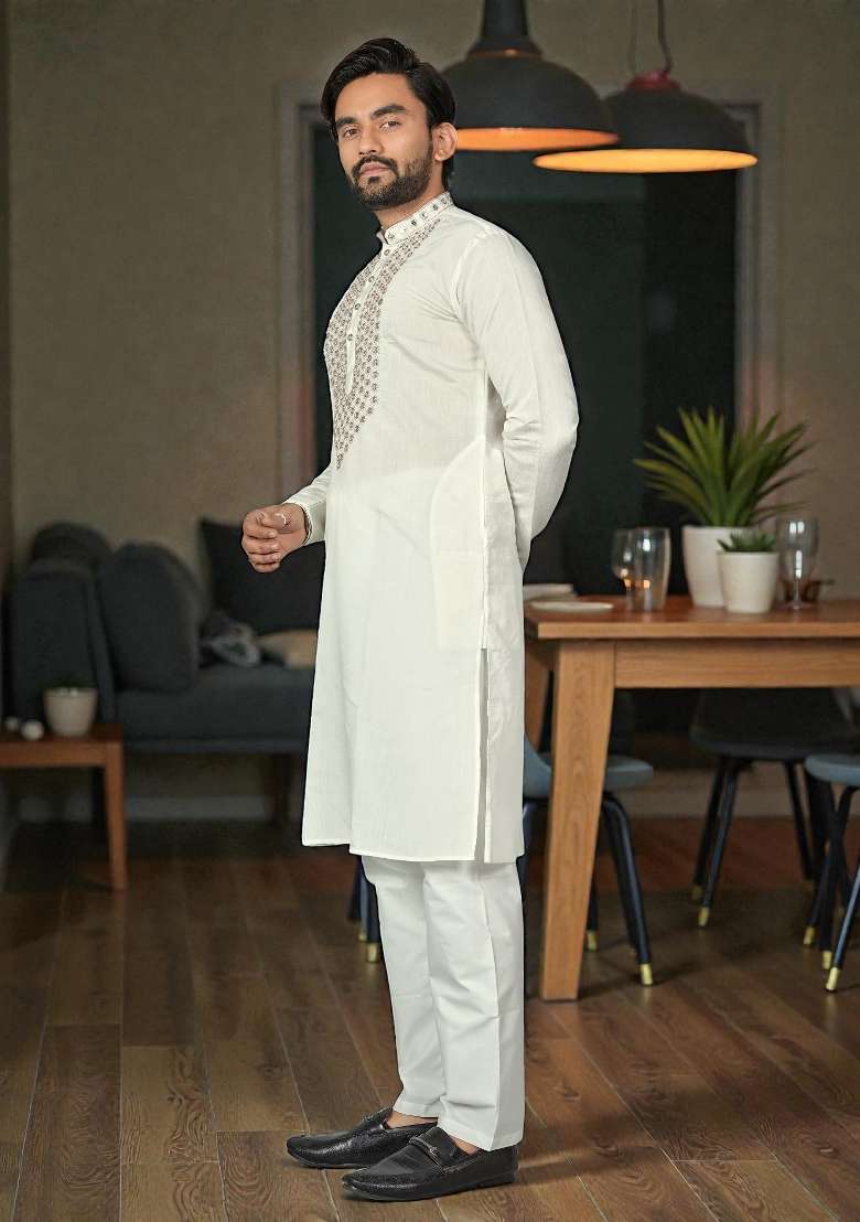 White Embroidered Silk Kurta Set For Men - Indya