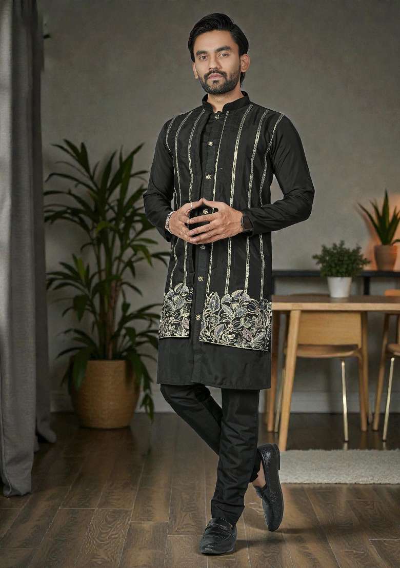 Black Embroidered Silk Kurta Set For Men - Indya