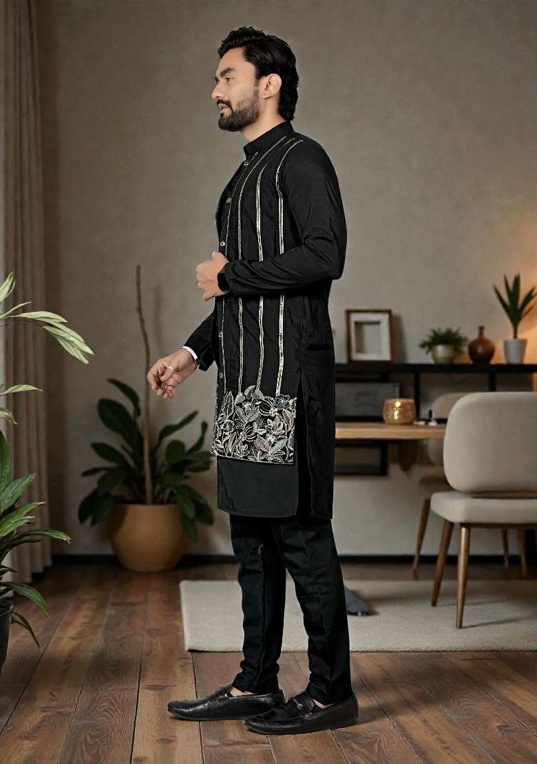 Black Embroidered Silk Kurta Set For Men - Indya