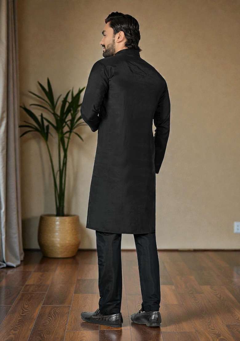 Black Embroidered Silk Kurta Set For Men - Indya