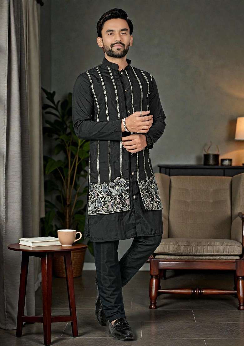 Black Embroidered Silk Kurta Set For Men - Indya