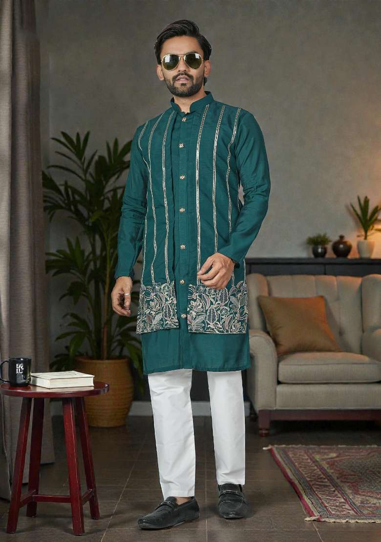 Teal Embroidered Silk Kurta Set For Men - Indya