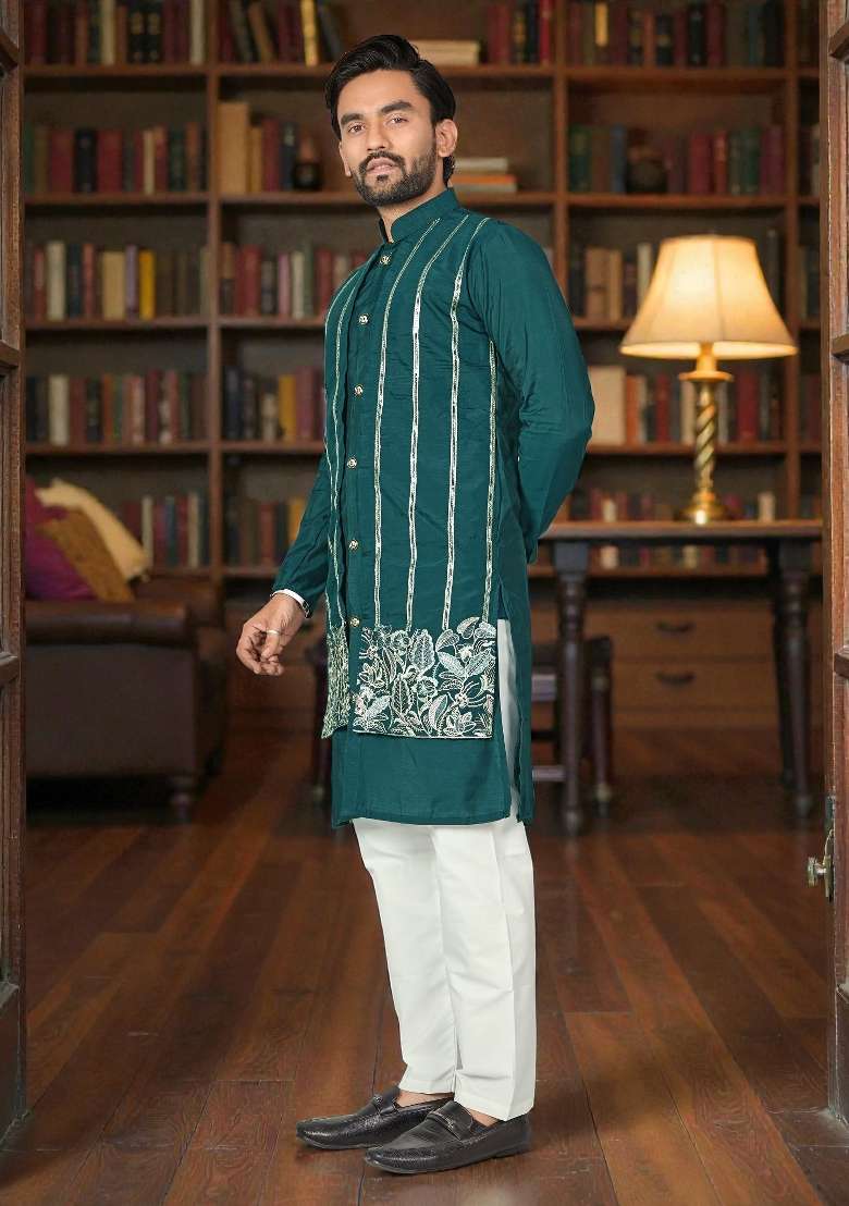 Teal Embroidered Silk Kurta Set For Men - Indya