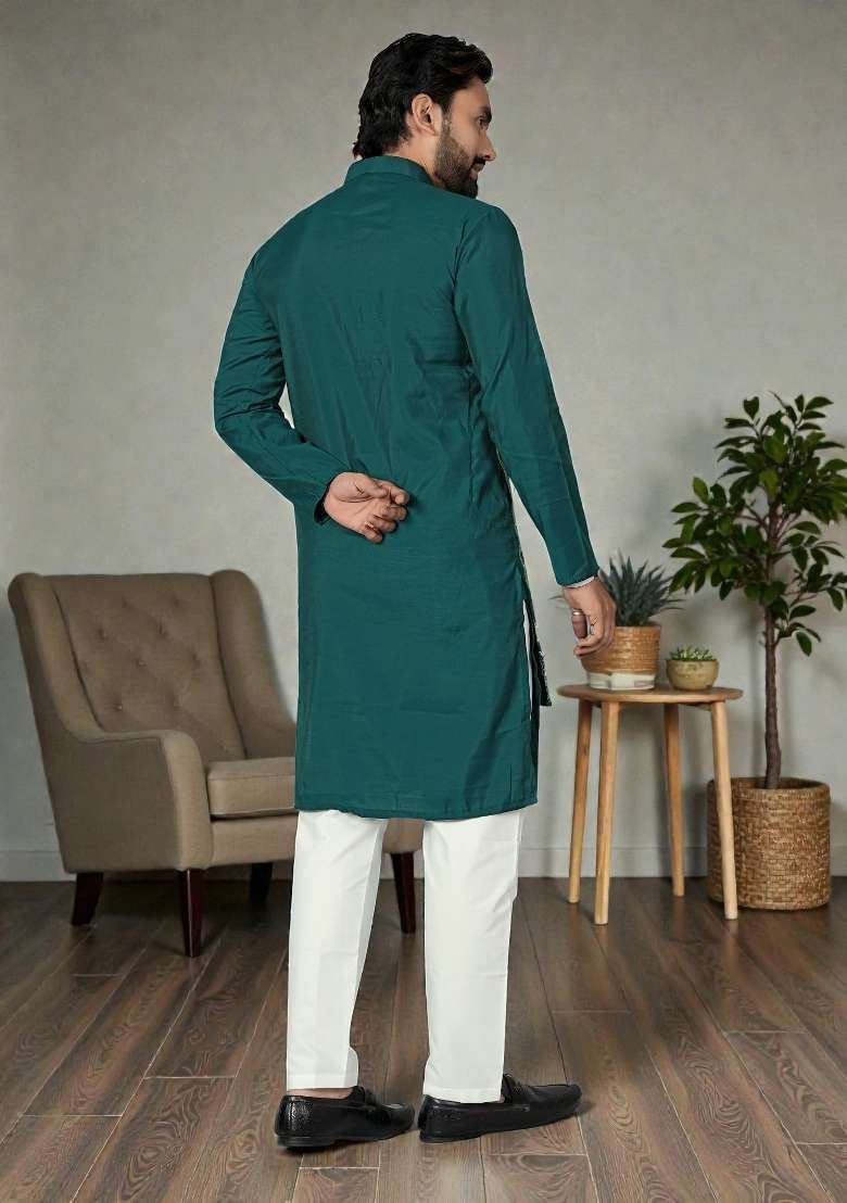 Teal Embroidered Silk Kurta Set For Men - Indya