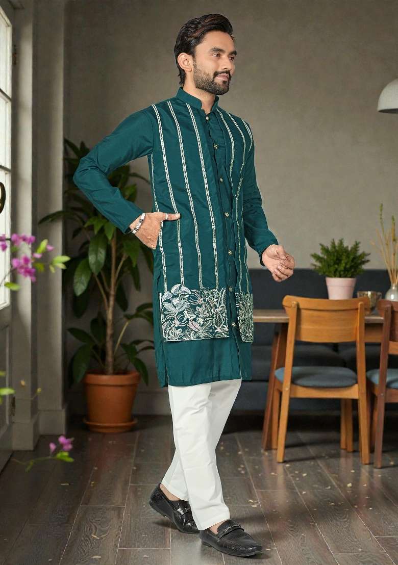 Teal Embroidered Silk Kurta Set For Men - Indya