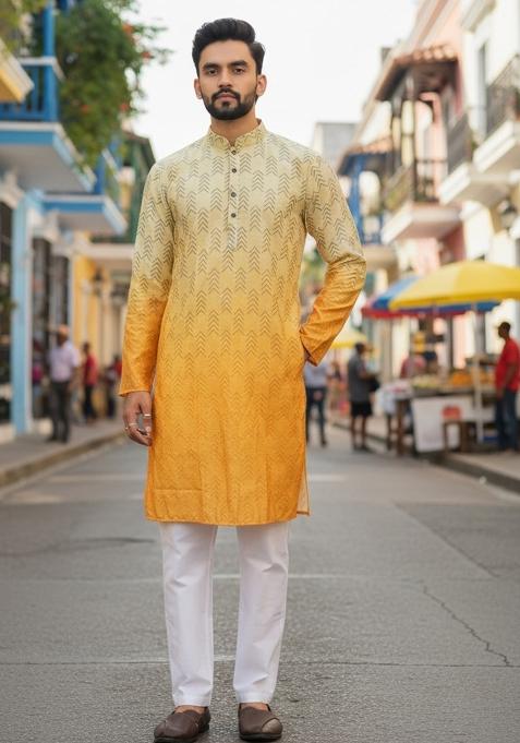 Cream Embroidered Rayon Kurta Set For Men