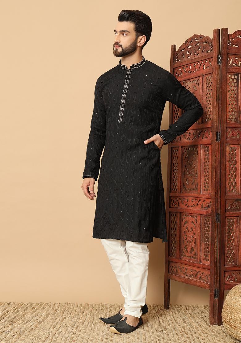 Black Embroidered Silk kurta Set For Men - Indya