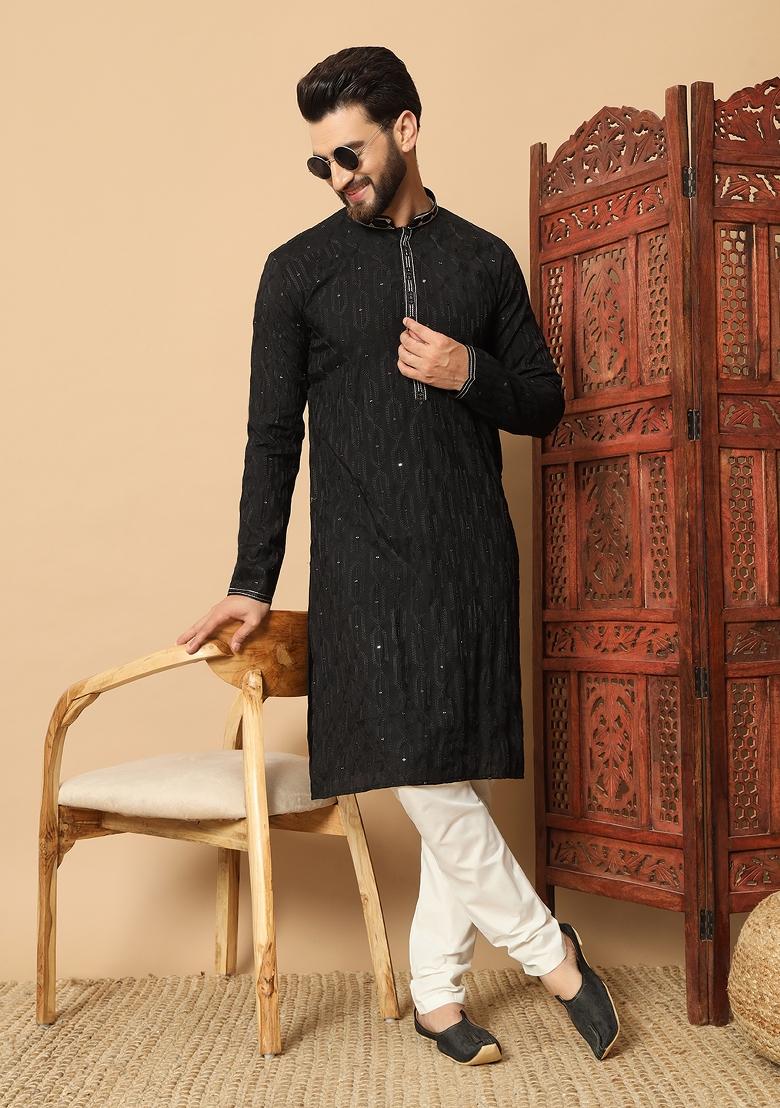 Black Embroidered Silk kurta Set For Men - Indya