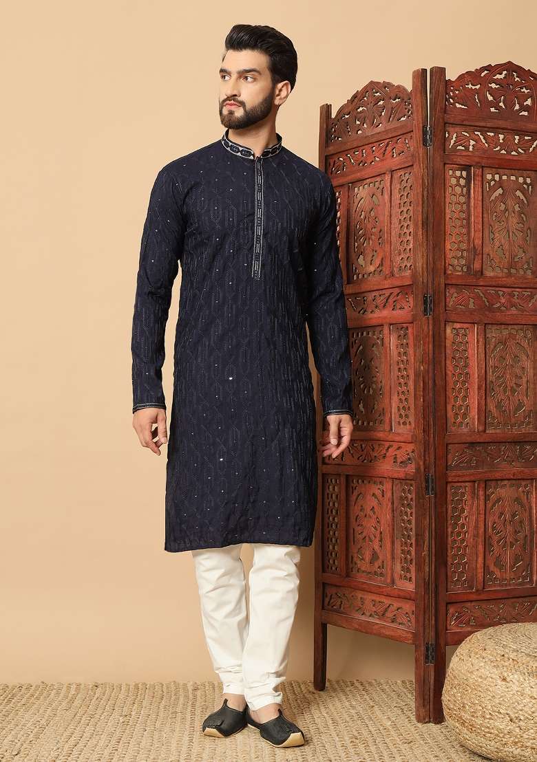 Blue Embroidered Silk kurta Set For Men - Indya