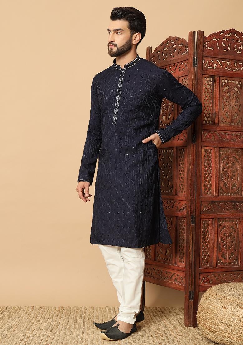 Blue Embroidered Silk kurta Set For Men - Indya