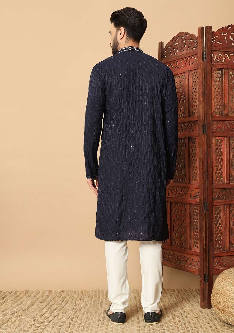 Blue Embroidered Silk kurta Set For Men - Indya