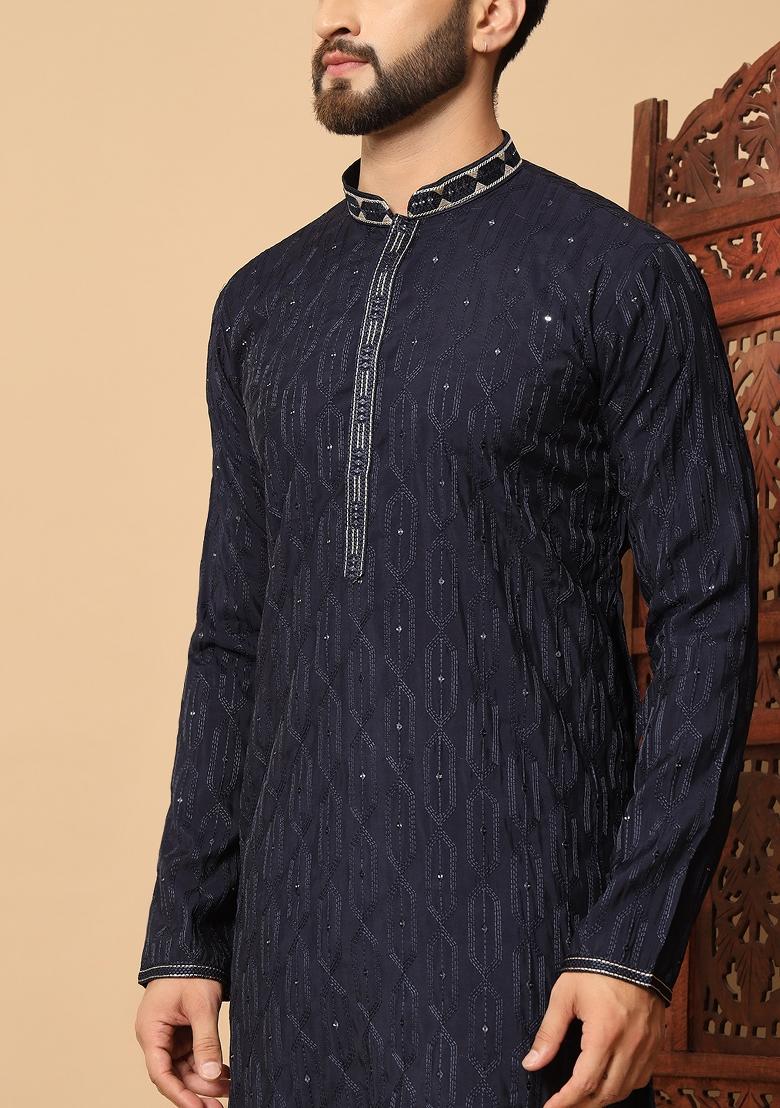 Blue Embroidered Silk kurta Set For Men - Indya