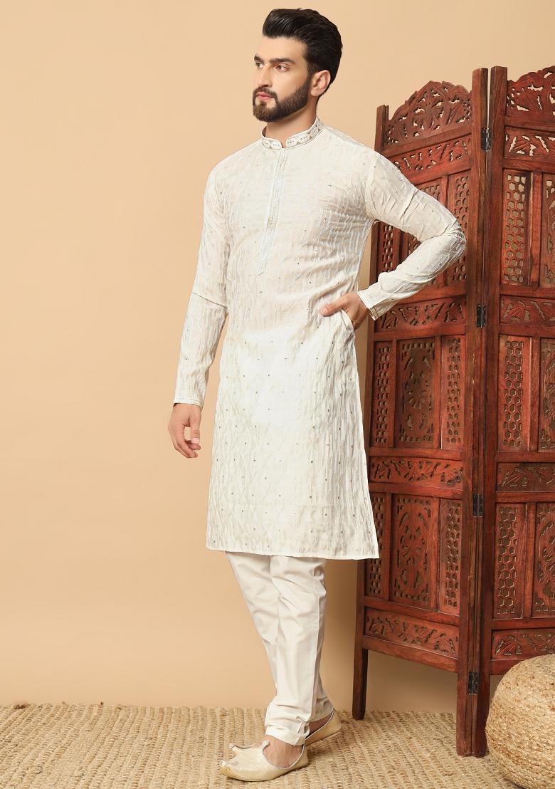 Green Embroidered Silk kurta Set For Men - Indya