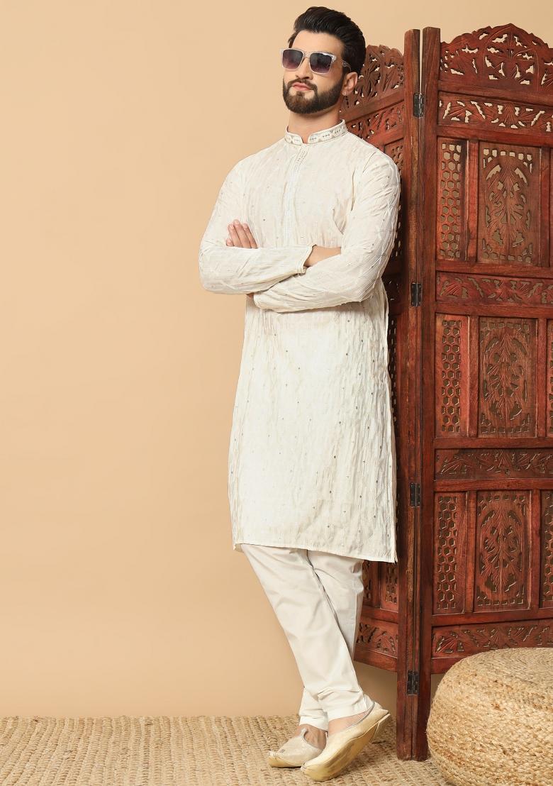 Green Embroidered Silk kurta Set For Men - Indya