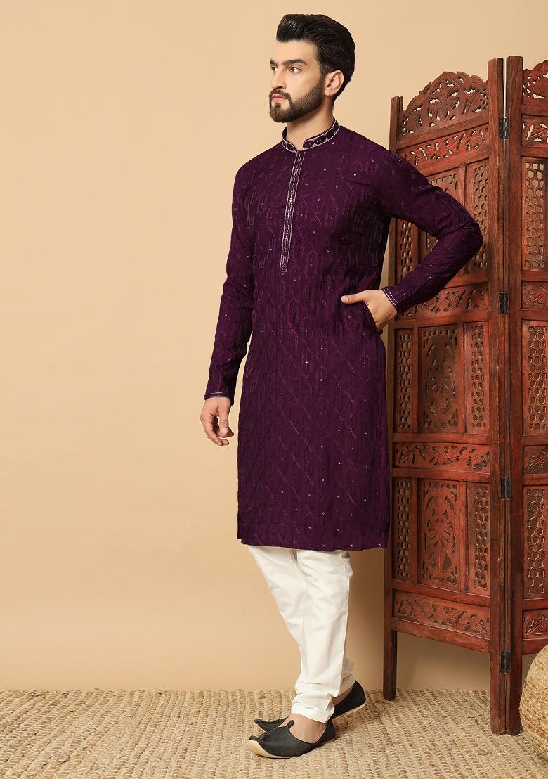 Purple Embroidered Silk kurta Set For Men - Indya