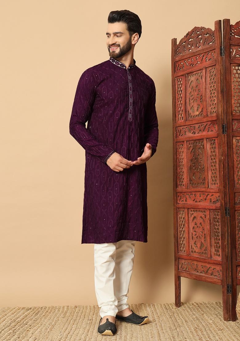 Purple Embroidered Silk kurta Set For Men - Indya