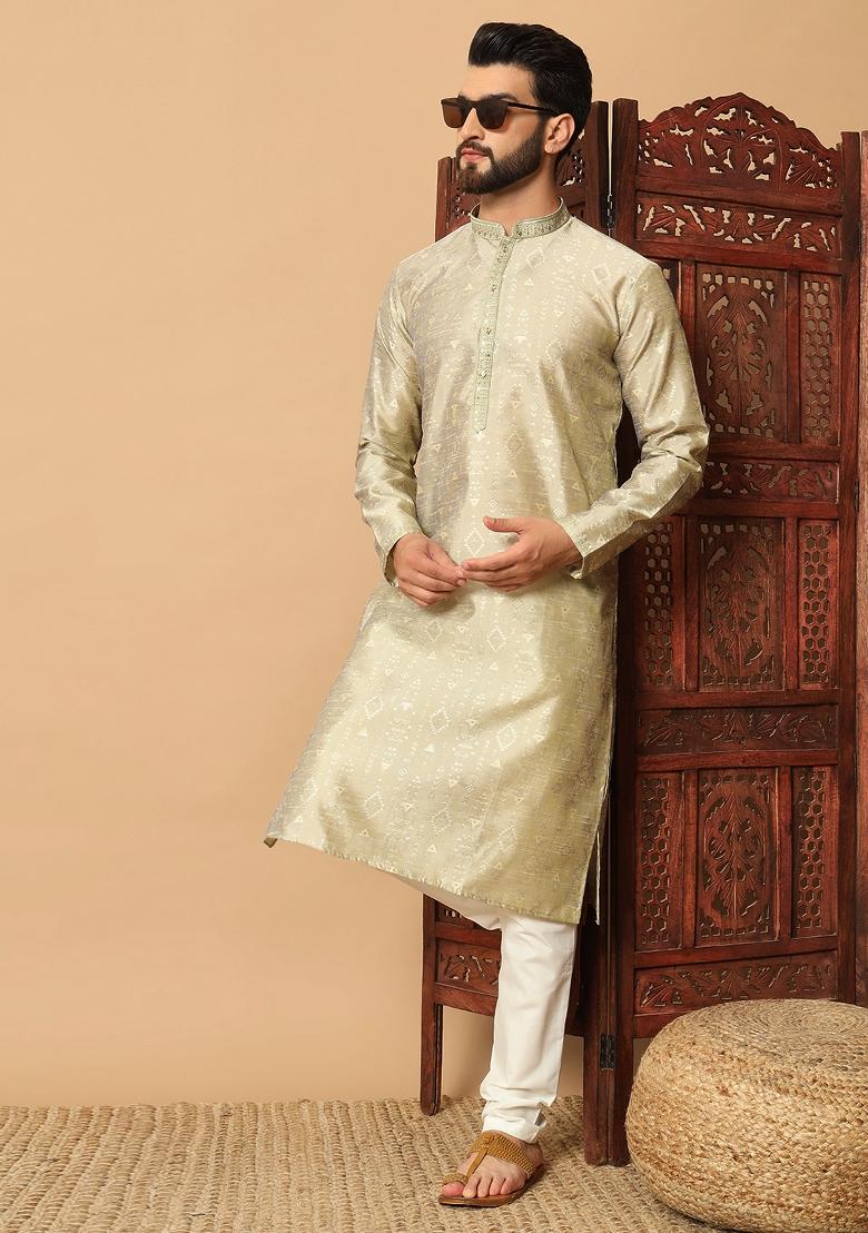 Beige Embroidered Jacquard kurta Set For Men - Indya