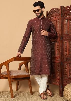 Maroon Embroidered Jacquard kurta Set For Men
